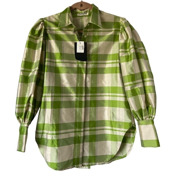AVAVAV Silk Puff Sleeve Check Button Front Shirt Green Cream Size XS NWT! - Picture 1 of 8